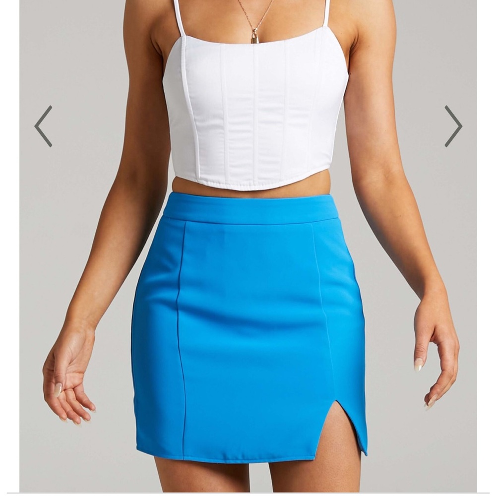 NWT Showpo US4 Evelanna Electric Blue Mini Skirt High Waisted Front Split Fitted